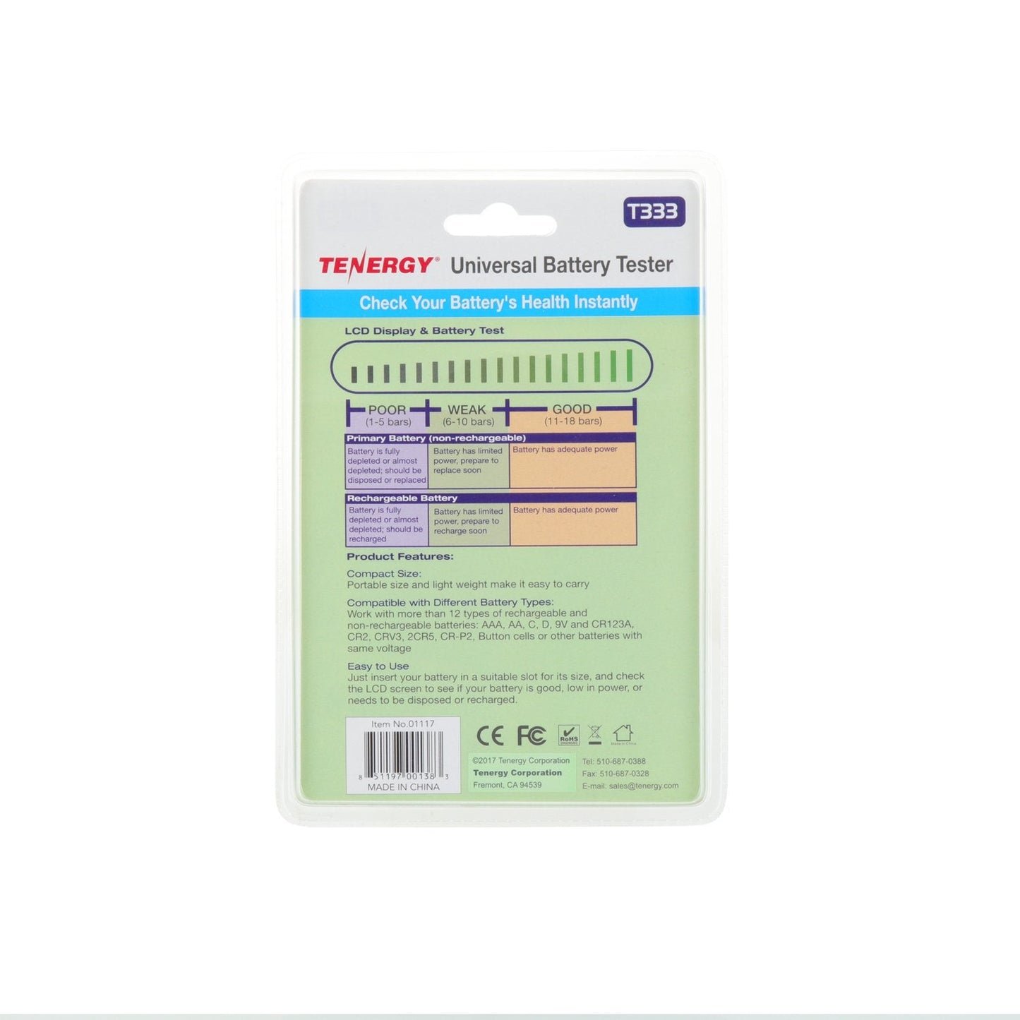 Tenergy T-333 Universal Battery Tester, LCD Display, Cell Checker, Multi-Purpose Small Battery Tester, for AA, AAA, C, D, 9V, CR123A, CR2, CRV3, 2CR5k CRP2, and Button Cell Batteries