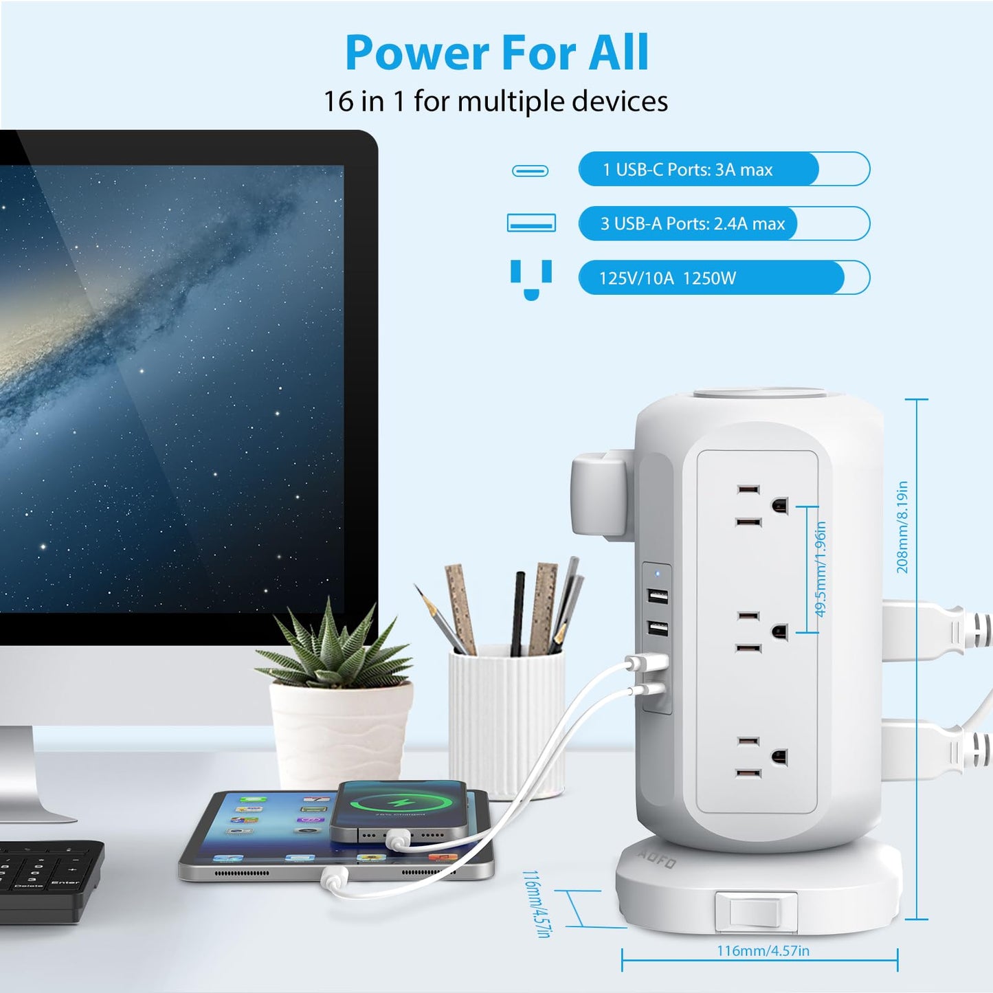 Tower Power Strip Flat Plug with 12 Outlets 4 USB(1 USB C),AOFO Surge Protector Charging Station with Overload Protection, Widely Spaced Multiple Outlets 10Ft Extension Cord for Home, Dorm,Office