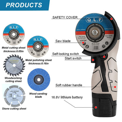 ZFULVO Cordless Brush Angle Grinder Kit, 19500rpm Mini Electric Angle Grinding Tool with 2pcs 16.8V 2000mAh Batteries and 5-Cutting Discs, Grinder Handheld Cutter for Metal Wood