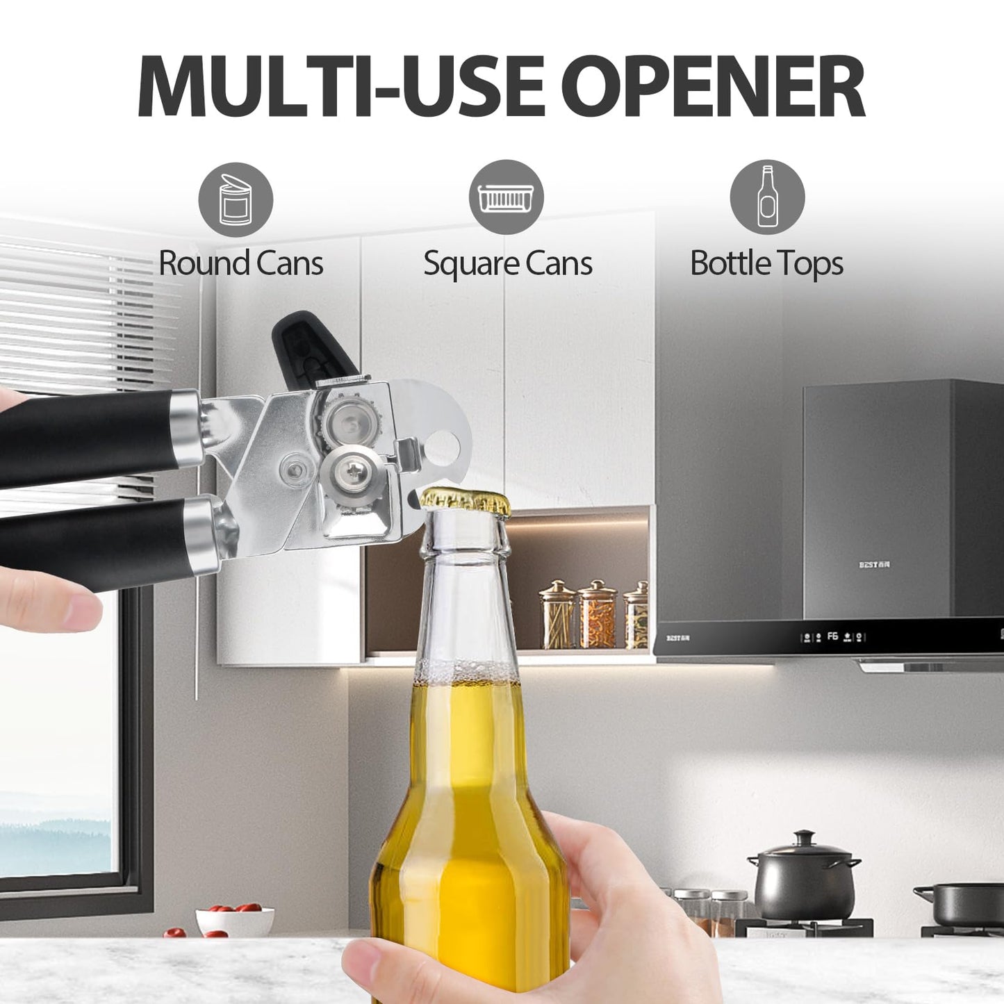 Safring Can Opener Manual, Heavy Duty Handheld Strong Can Opener with Soft Touch Handle, Sharp Blade Smooth Edge, Can Openers with Multifunctional Bottle Opener, Black
