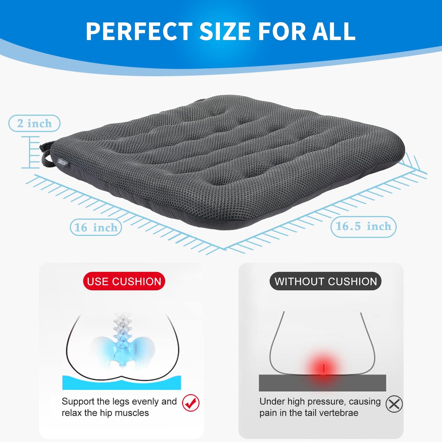 SINOSSO Excellent Support Effect Office Chair Cushion 1 Pack, Luxury Air Mesh Breathable Non-Slip Desk Computer Seat Cushion, Kitchen Dining Room Square Chair Pad (1 Count, Grey)