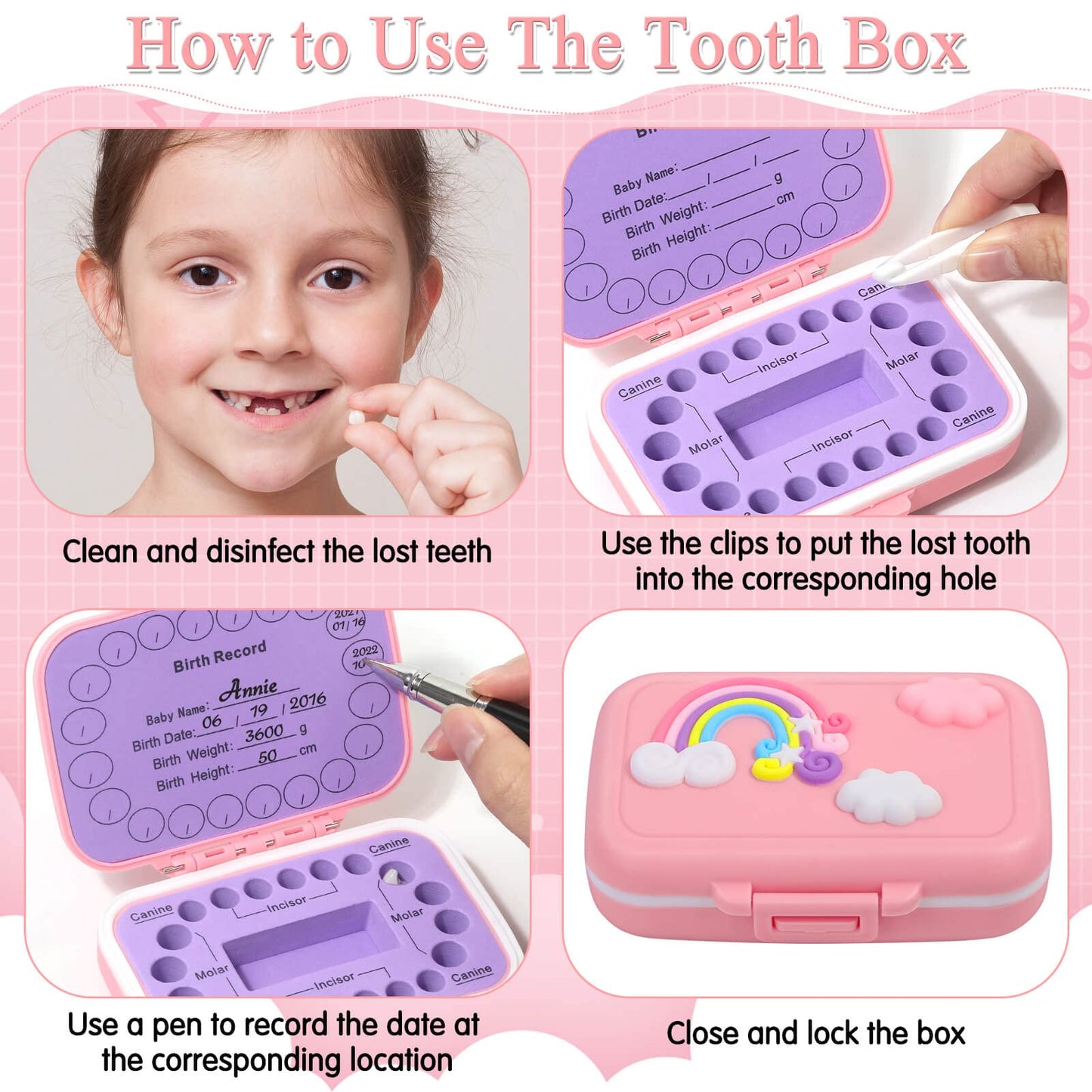 Tooth Holders for Kids Keepsake, Baby Teeth Keepsake Box, Tooth Saver, Tooth Container for Lost Teeth, Teeth Storage Holder for Tooth Fairy (Pink)