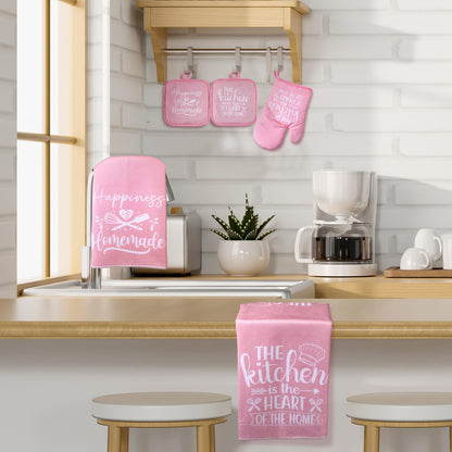 Sratte 6 Pcs Kitchen Decor Accessories Set Farmhouse Towels Pot Holders Oven Mitts Set 2 Dish Towels 2 Potholders 2 Cooking Mittens Oven Glove for Baking Cooking Supply(Pink,Kitchen)