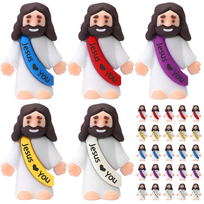 Bememo 25 Pcs Little Jesus Figures Original Design Jesus Love You Mini Rubber Toys to Hide and Seek Christmas Religious Party Favors Sunday School Baptism Gifts(Lively Colors)