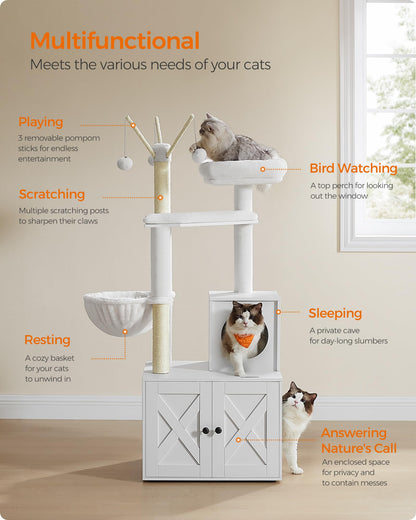 Feandrea Cat Tree with Litter Box Enclosure, 2-in-1 Modern Cat Tower, 55.1-Inch Cat Condo with Scratching Posts, Removable Pompom Sticks, Cloud White UPCT113W01