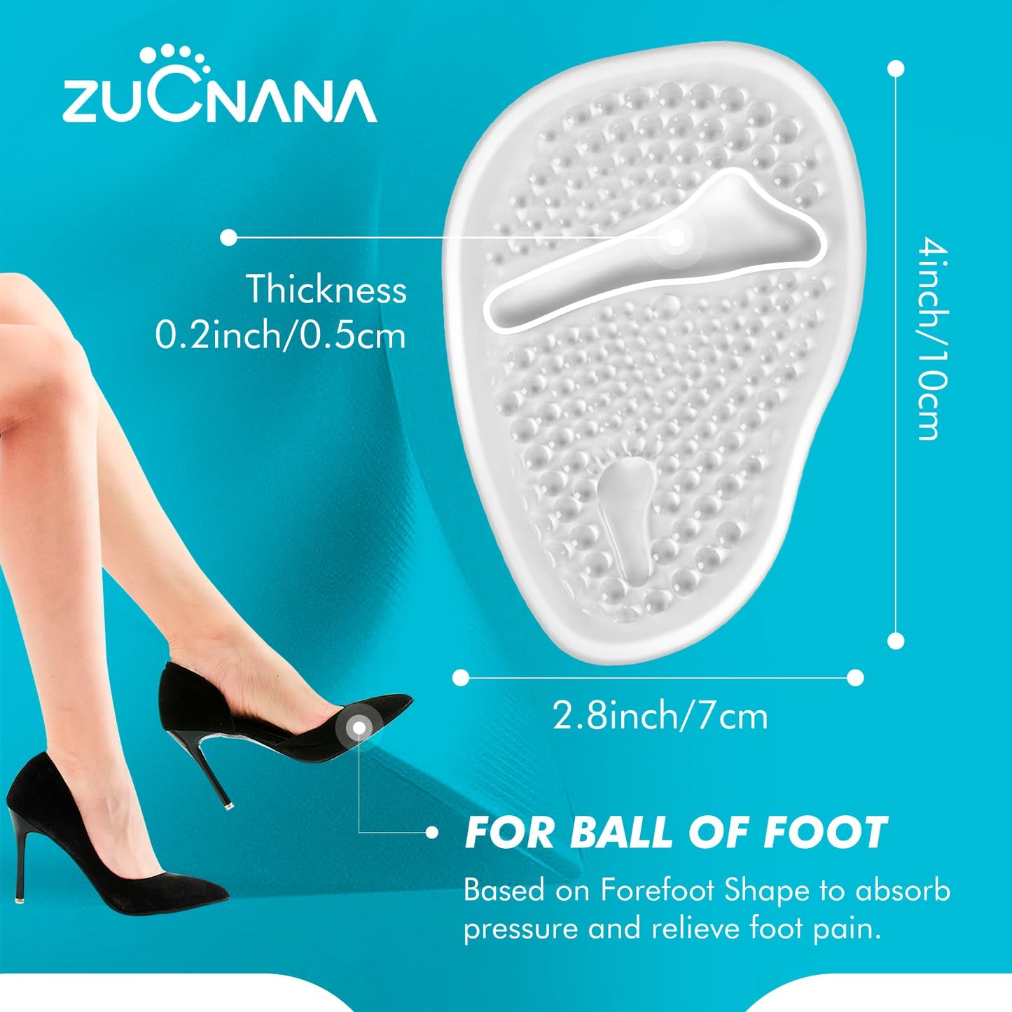 ZUCNANA Ball of Foot Cushions (2 Pairs Gel Shoe Inserts), Heel Inserts for Women, Non Slip Heel Pads, Heel Cushions for Women Foot Pain Relief and Comfort, One Size Fits Any (Clear)