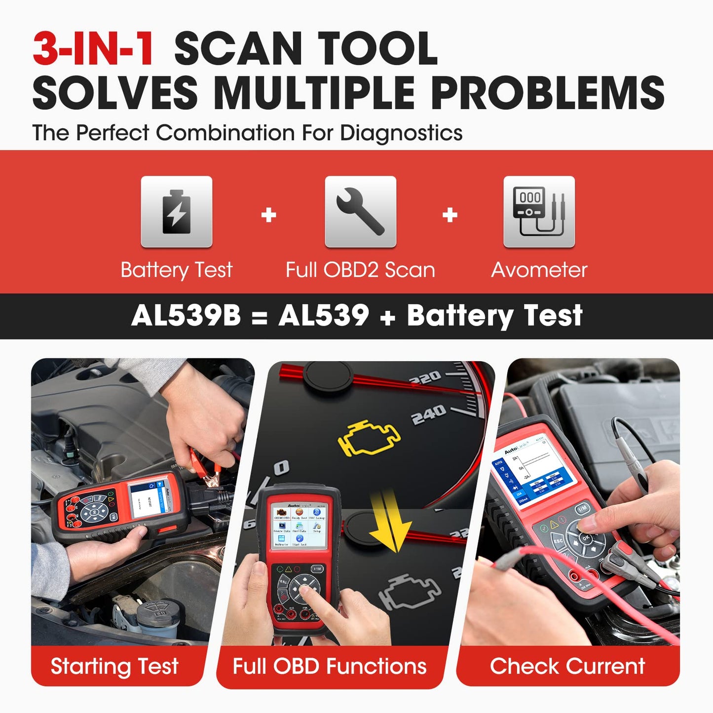Autel AL539B OBD2 Scanner, 3-in-1 Code Reader Battery Tester Avometer for 12 Volts Batteries, Full OBDII Diagnosis and Circuit Starting & Charging Systems Test, All Enhanced Ver. of AL519 AL539