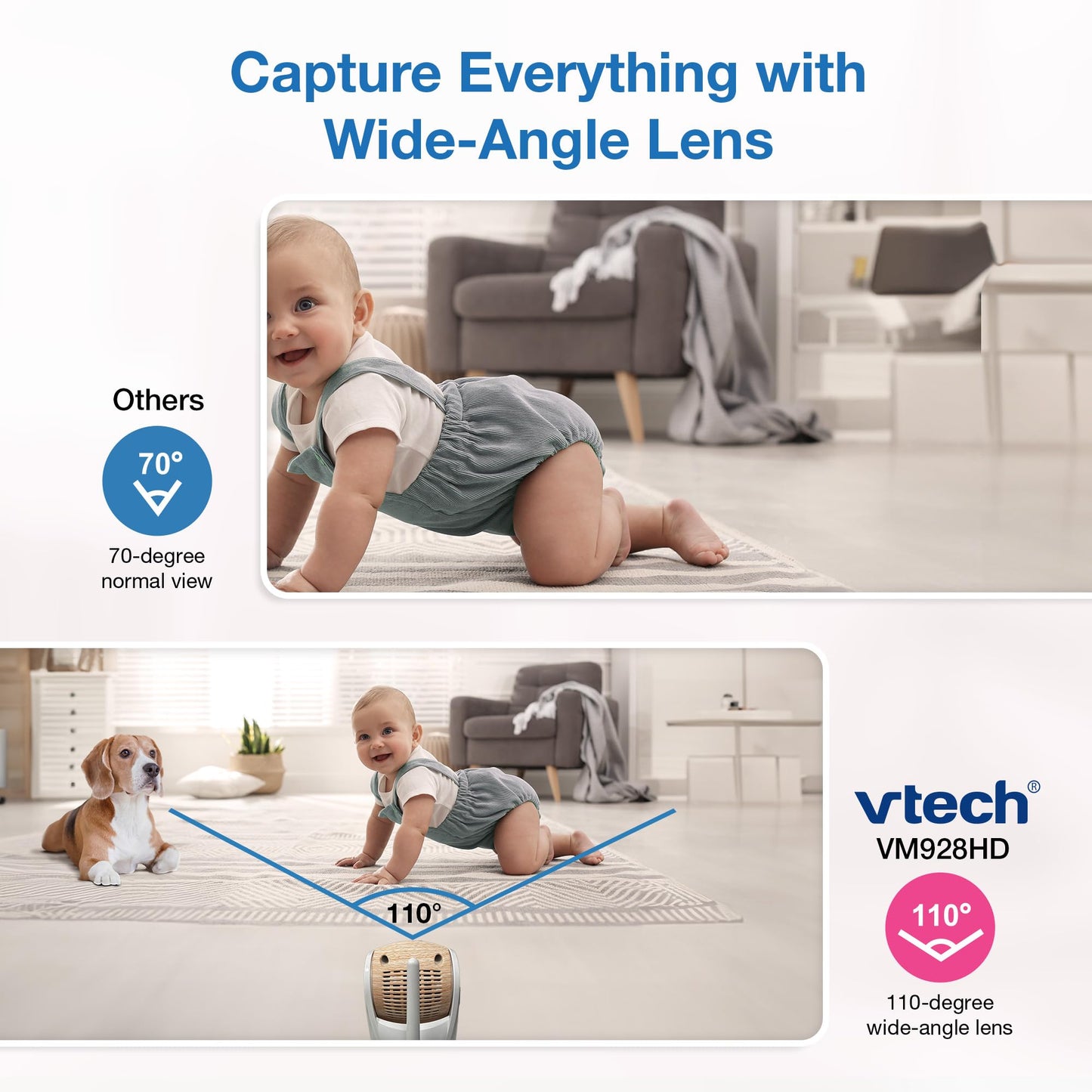 VTech VM928-2HD 5” 720p HD Display 2 Cameras Baby Monitor,110 Wide Angle View,Remote Pan-Tilt-Zoom,Night Vision,Up to 1000ft Range,Temperature Sensor,9 Soothing Sounds & Lullabies,2-Way Talk,No WiFi