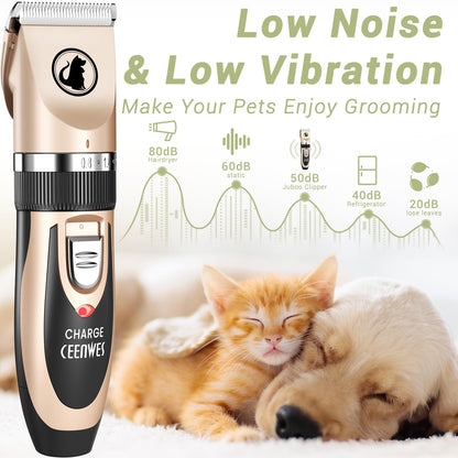 Ceenwes Dog Clippers Low Noise Pet Clippers Rechargeable Trimmer Cordless Grooming Tool Professional Dog Hair Trimmer with Comb Guides Scissors for Dogs Cats & Others（Gold）