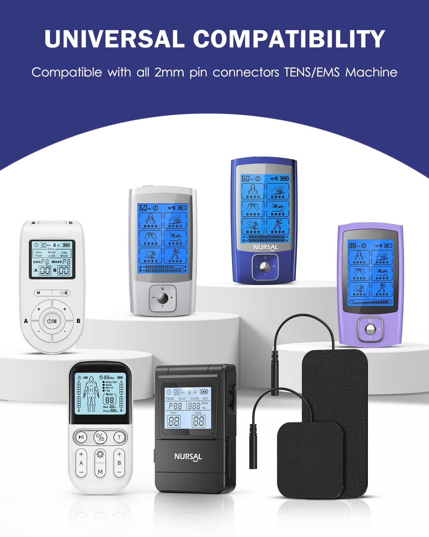 TENS Unit Replacement Pads, Nursal Reusable Self-Adhesive Electrodes Pads 20 Packs 2x2” 2x4”, Latex Free Pigtail TENS Pads, Compatible with TENS 7000, AUVON TENS, Etekcity, Nicwell Care Tens