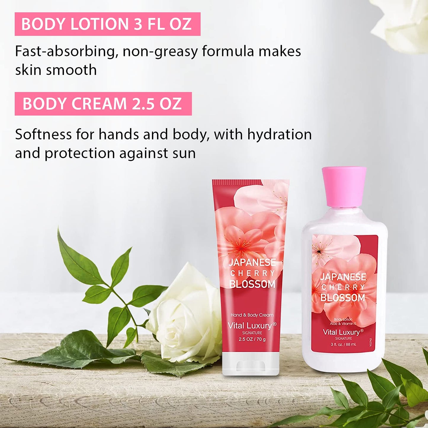 Vital Luxury Bath & Body Kit, 3 Fl Oz Travel Size, Ideal Skincare Relaxing Home Spa Set, Includes Body Lotion, Shower Gel, Body Cream, and Fragrance Mist, Bath Gifts for Her and Him (Japanese Cherry