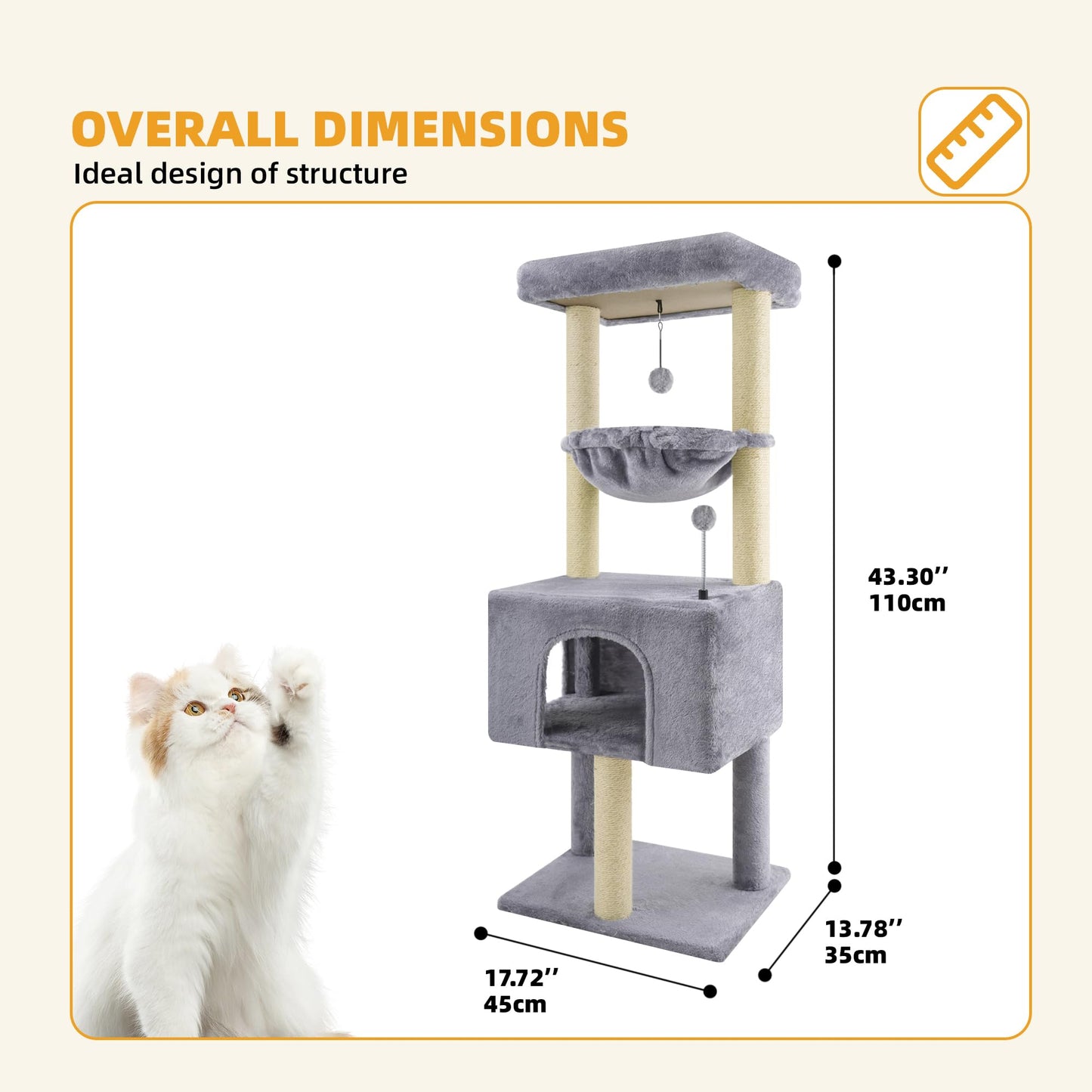 ROYPET Fashion Design 43.3" Cat Trees with Cat Houses,Grey