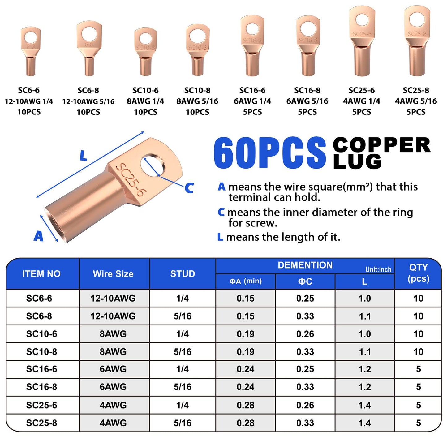 Sanuke Battery Cable Lug Crimping Tool Kit with Cable Cutter 60pcs Ring Terminals 60pcs Heat Shrink Tubing and A Bag, Wire Crimper for AWG 10-1/0 Electrical Lug