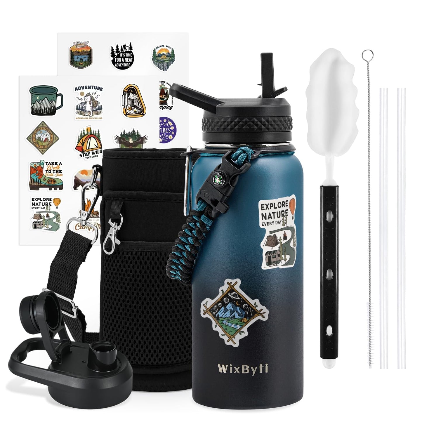 WixByti 32 oz Insulated Water Bottle with Straw (Cold for 48 Hrs), Stainless Steel Triple Wall Vacuum Sports Water Jug, Leakproof Hydro Cup Flask with Paracord Handle & Straw Spout Lids & DIY Stickers