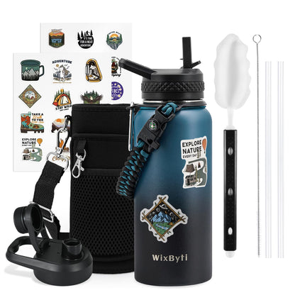 WixByti 32 oz Insulated Water Bottle with Straw (Cold for 48 Hrs), Stainless Steel Triple Wall Vacuum Sports Water Jug, Leakproof Hydro Cup Flask with Paracord Handle & Straw Spout Lids & DIY Stickers