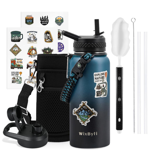WixByti 32 oz Insulated Water Bottle with Straw (Cold for 48 Hrs), Stainless Steel Triple Wall Vacuum Sports Water Jug, Leakproof Hydro Cup Flask with Paracord Handle & Straw Spout Lids & DIY Stickers
