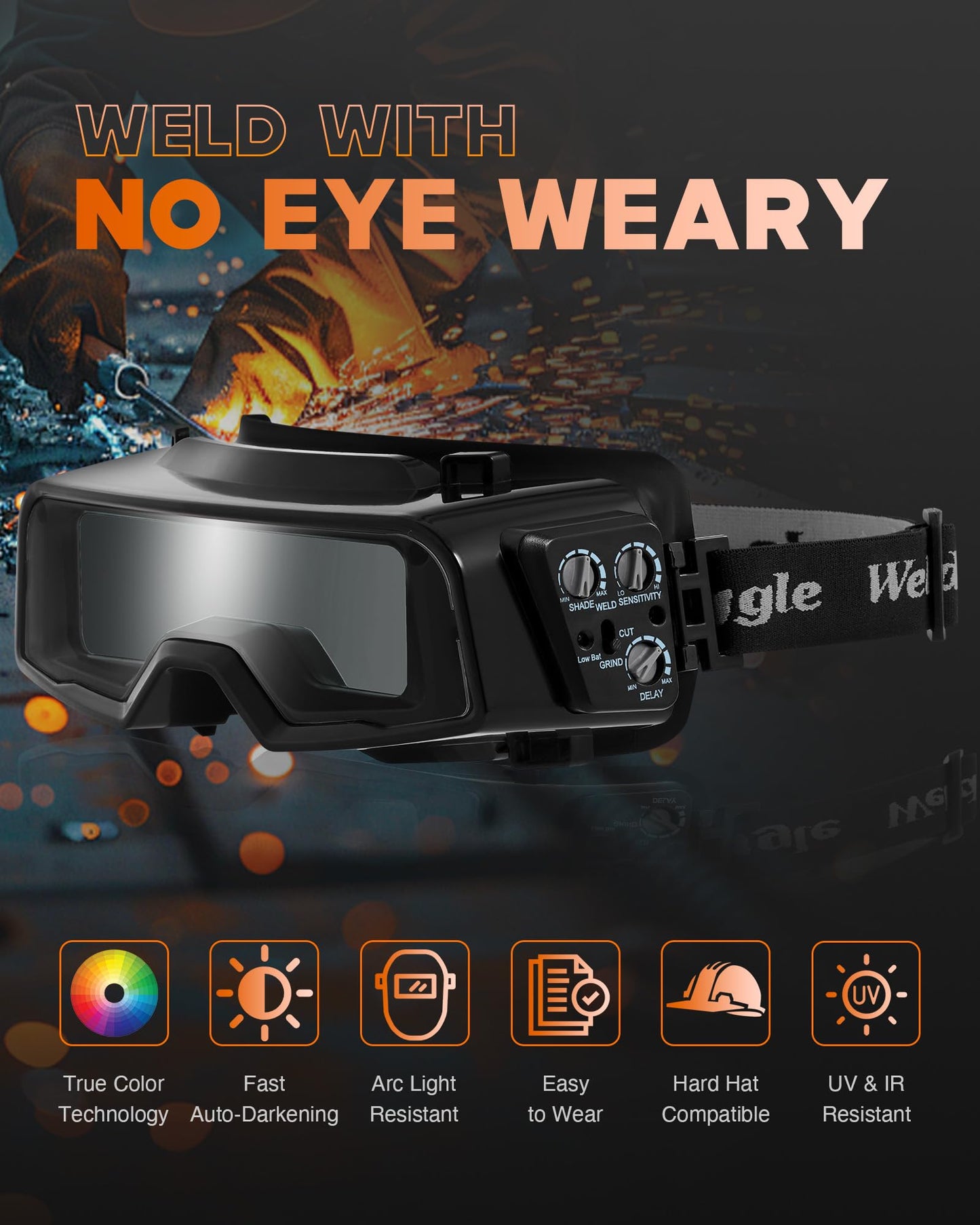 CREWORKS Auto Darkening Welding Goggles, Safety Glasses for Men With Wide Shade 4/5-9/9-13, Eye Protection Mask Helmet for Grinding Plasma Cutting TIG MIG Arc, Black