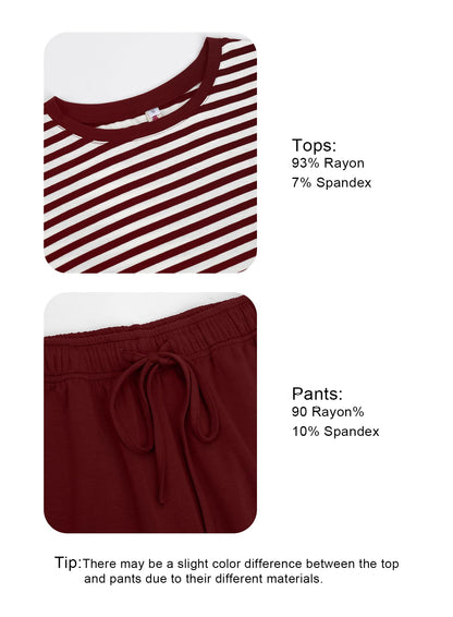 Darong Women's Short Sleeve Ruched Tee and Wide Leg Pant 2 Piece Tracksuit Sleep Pajama Set 9042A Red Striped S
