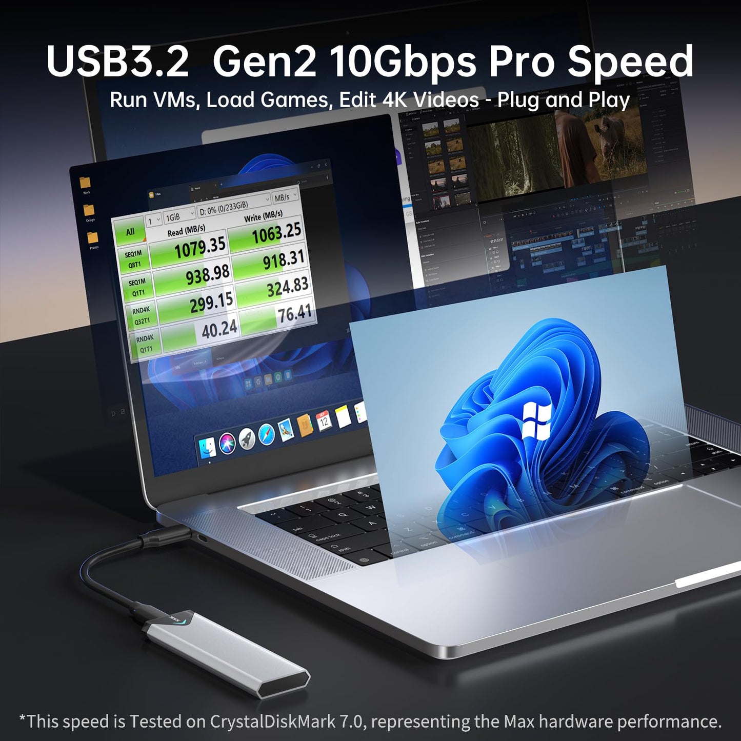 SSK M.2 NVME SATA SSD Enclosure Adapter, USB 3.2 Gen 2 (10 Gbps) to NVME PCI-E SATA M-Key/(B+M) Key Solid State Drive External Enclosure Aluminum Support UASP Trim for SSDs 2242/2260/2280