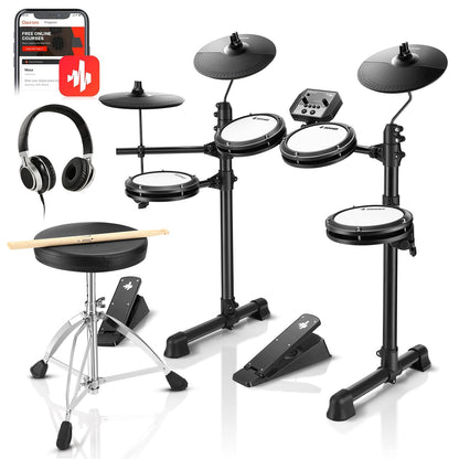 Donner DED-80 Electronic Drum Set with 4 Quiet Mesh Pads, 180+ Sounds, 2 Pedals, Throne, Headphones, Sticks, and Melodics Lessons