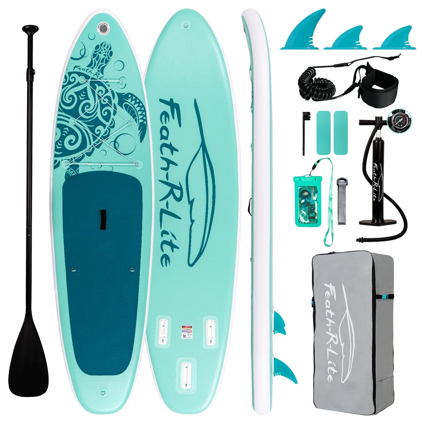 FEATH-R-LITE Inflatable Paddle Board Stand Up Paddleboards for Adults SUP with Complete Premium Accessories Pump, Adjustable Paddle, Leash, Three Fins, Waterproof Phone Bag, Repair Kit, Backpack