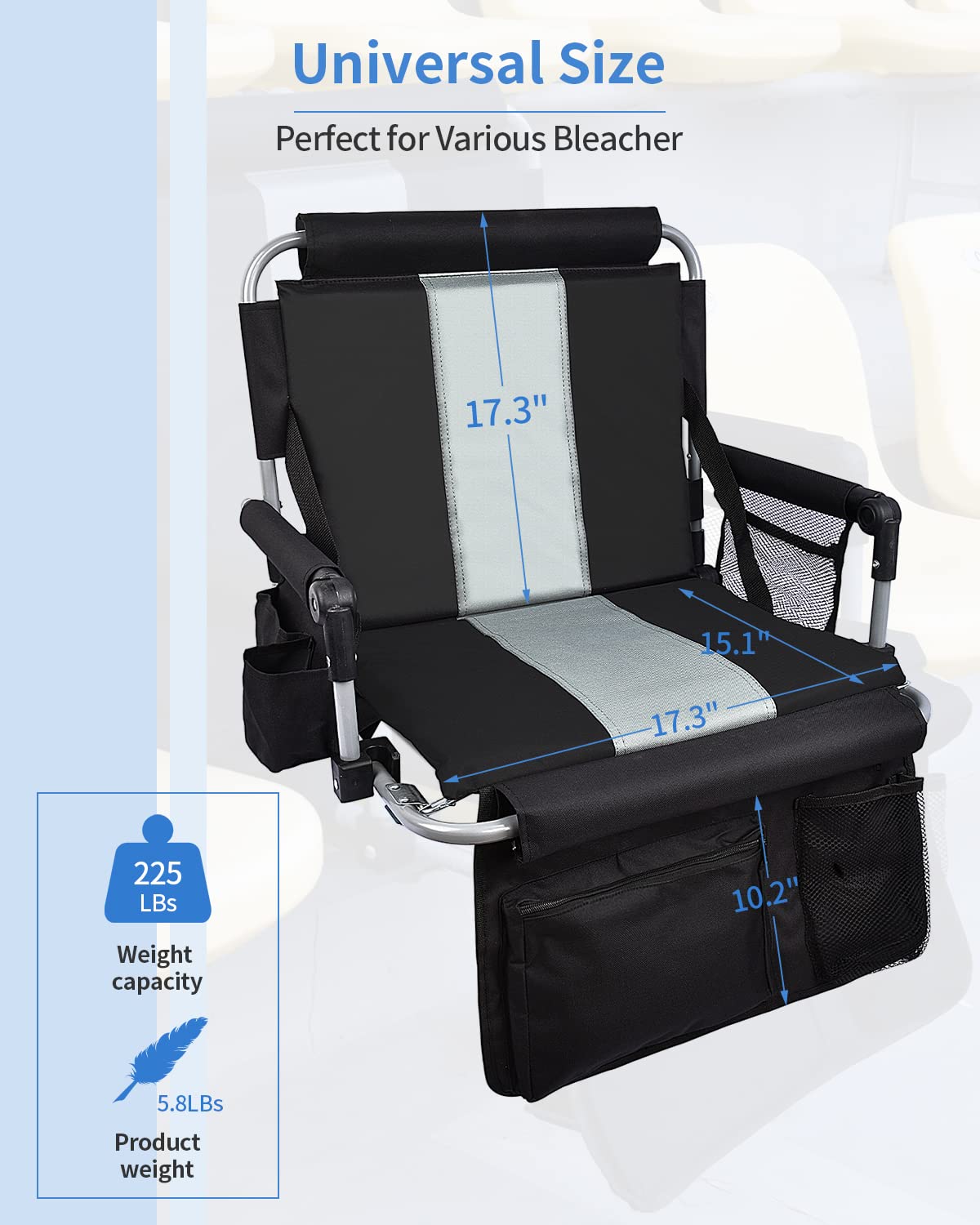 AOOXIMI Stadium Seat with Back Support, Portable Fording Bleacher Chair with Cushion and Armrest, Cup Holder, Mesh Bag and Hidden Hook, Football, Soccer