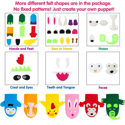 WATINC 6Pcs Hand Puppet Making Kit, Art Craft Felt Sock Puppet Toys, Creative DIY Make Your Own Pompoms Wiggle Googly Eyes Storytelling Role Play Party Supplies Gift for Girls Boys (Animals)