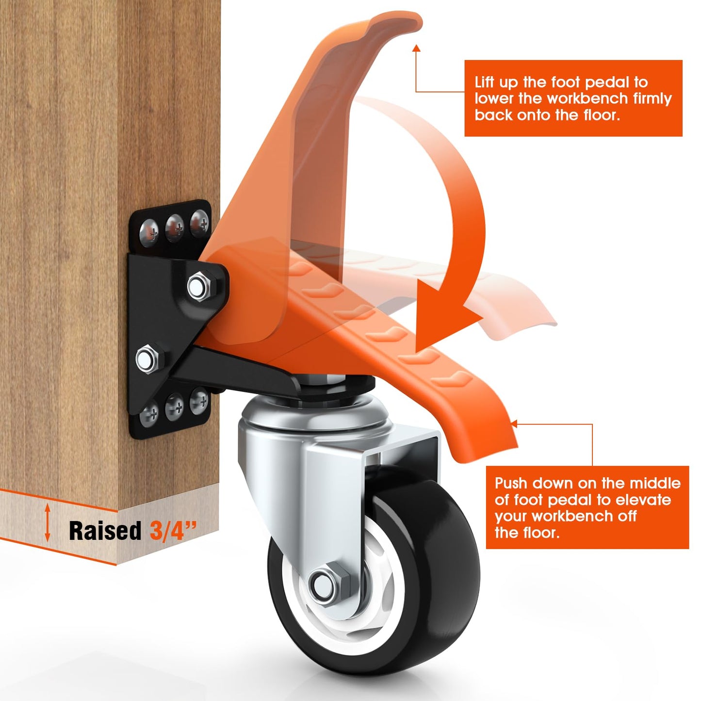 Ronlap Workbench Casters Kit 880 Lbs Capacity, 3" Extra Heavy Duty Retractable Casters 4 Pack, Side Mounted Adjustable Table Stepdown Casters