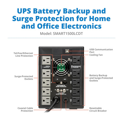 Tripp Lite SMART1500LCDT 1500VA 900W UPS Battery Back Up, AVR, LCD Display, Line-Interactive, 10 Outlets, 120V, USB, Tel & Coax Protection, 3 Year Warranty & Dollar 250,000 Insurance Black