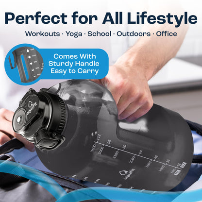 AQUAFIT 1 Gallon Water Jug with Time Marker - BPA Free 128 oz Gym Water Bottle with Straw, Handle, Gray