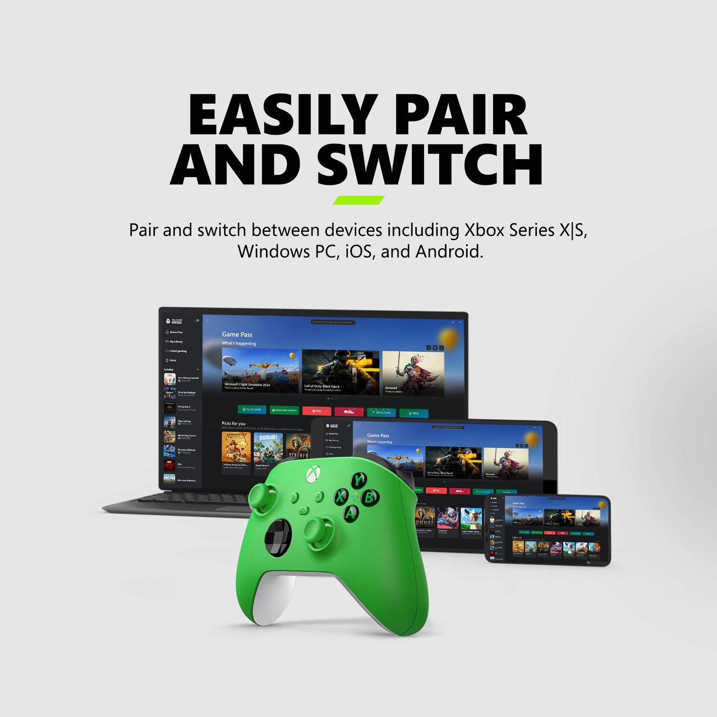 Xbox Wireless Gaming Controller (2025) – Velocity Green – Play on, Windows, Android, iOS, FireTV Sticks, Smart TVs, VR Headsets