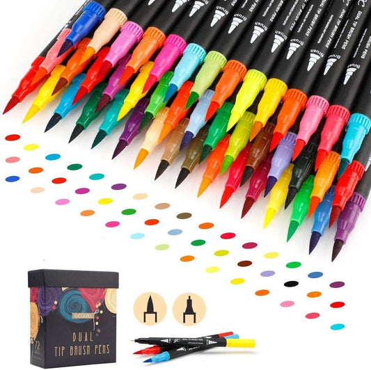 GC 72 Colors Dual Tip Brush Pens Highlighter 72 Art Markers 0.4mm Fine liners & Brush Tip Watercolor Pen Set for Adult and kids Coloring Books, Calligraphy, Hand Lettering, Note Taking