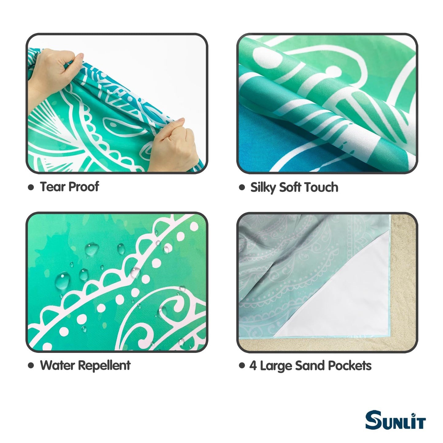 Sunlit 10'x9' Extra Large Boho Sand Proof Beach Blanket, Sand Proof Mat with Corner Pockets and Mesh Bag for Beach Party, Travel, Camping and Outdoor Music Festival, Bright Turquoise Mandala