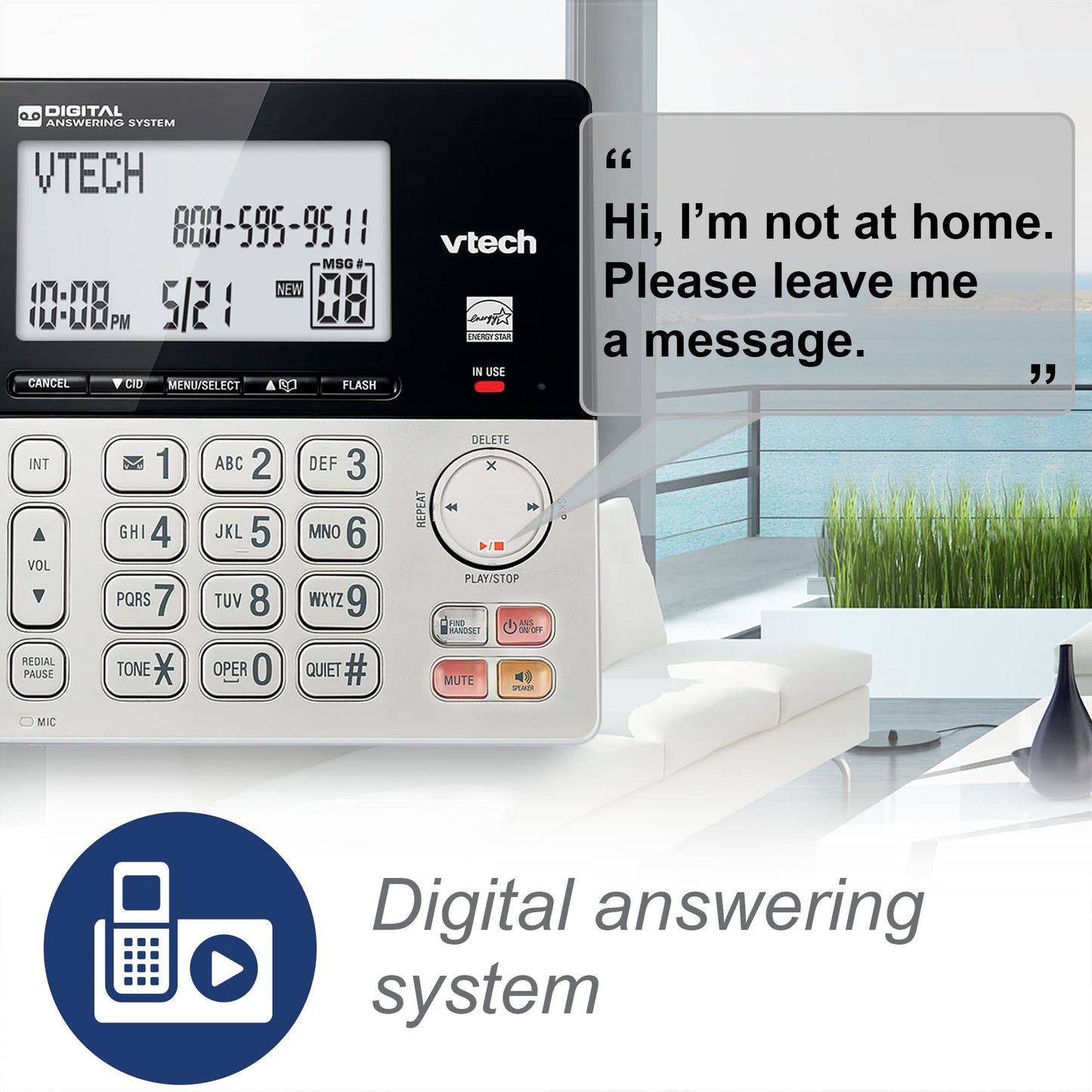 VTech VG208 DECT 6.0 Corded/Cordless Phone for Home with Answering Machine, Call Blocking, Caller ID, Large Backlit Display, Duplex Speakerphone, Intercom, Line-Power(Silver/Black)