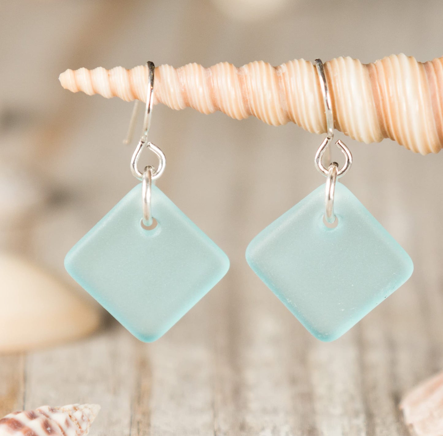 Delicate Diamond Sea Glass Earrings (Ocean) Beach Glass Earrings for Women by EcoSeaCo, using sustainable, recycled and repurposed material. Handmade Jewelry in the USA