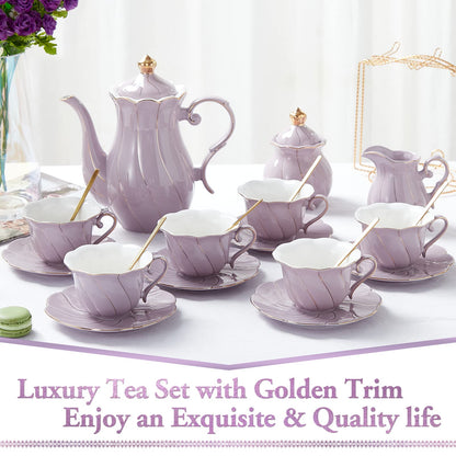 DUJUST 22 pcs Porcelain Tea Set for 6, Luxury British Style Tea/Coffee Cup Set with Golden Trim, Beautiful Tea Set for Women, Tea Party Set, Gift Package (With a Stand) - Purple
