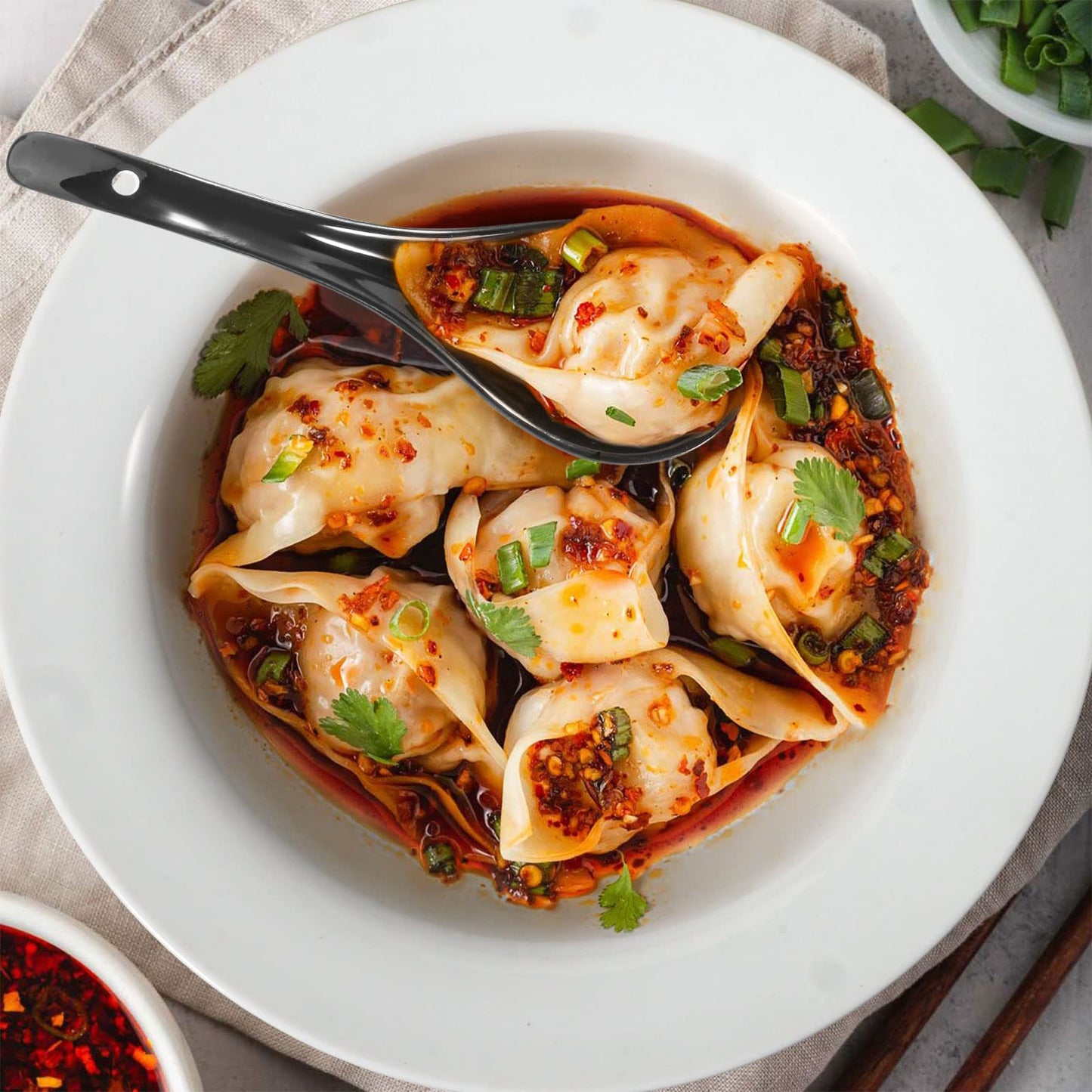 Wareland Black Ceramic Soup Spoons Set, 6.75 inch Deep Oval Hook Design, Dishwasher Safe - Perfect for Ramen, Pho, Noodles, Stews, Wonton, Dumpling, Miso