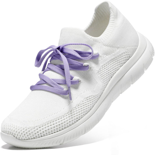 STQ Slip on Tennis Shoes Women Walking Gym Fitness Workout Shoes for Women White Purple Size 8.5