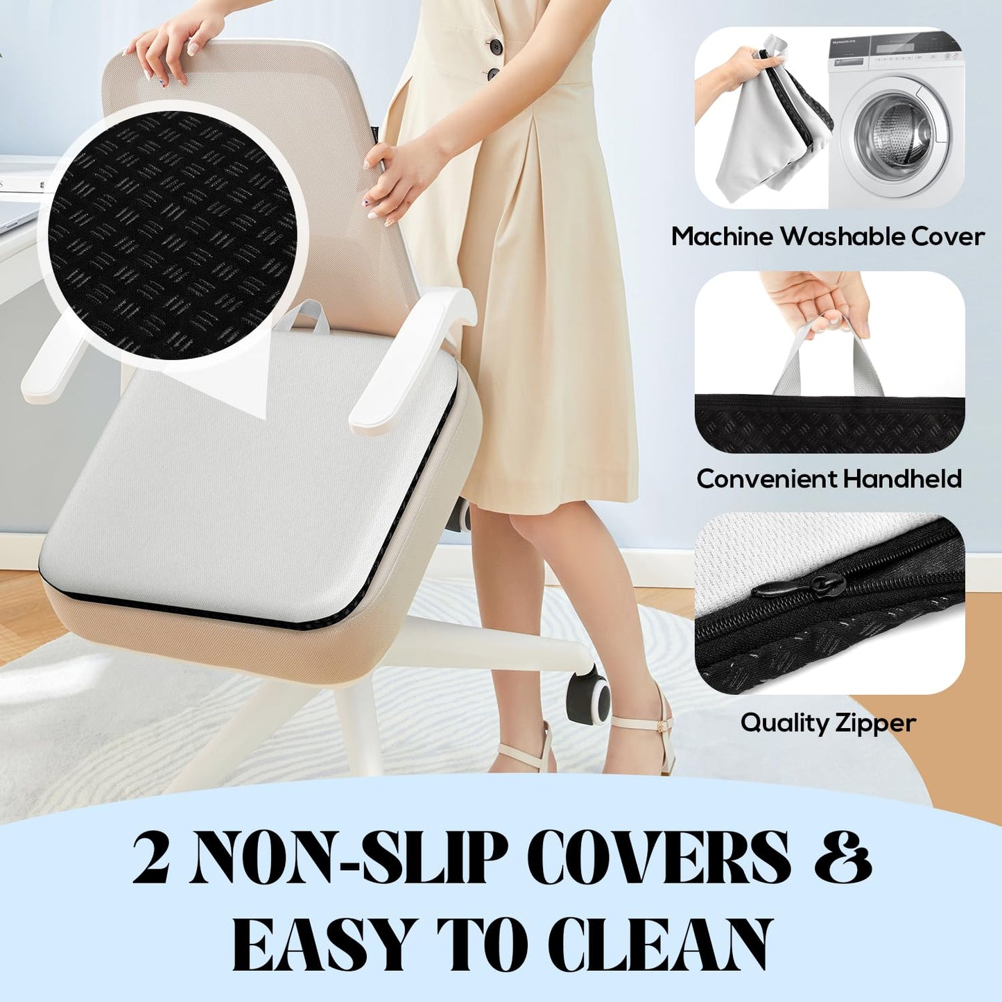 Seat Cushion, Thickened Big Gel Seat Cushion, Strong Support, Sciatica & Back Pain Relief, Breathable Cool Suitable as Office Chair Cushion, Car Seat Cushion, Wheelchair Cushions, 2 Non-Slip Covers