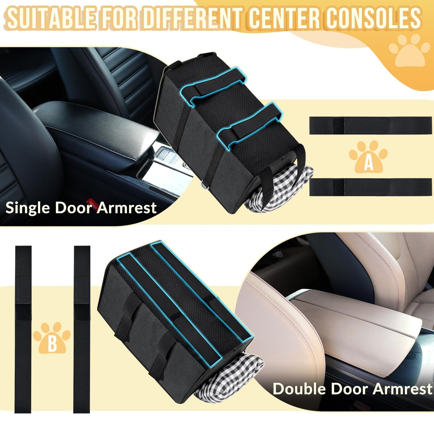 SlowTon Console Dog Car Seat - Portable Dogs Armrest Booster Seat for Small Dog, Anti-Collapse Pet Car Seat with Soft Cushion Safety Belt, Support Pet Up to 11lbs (Black)