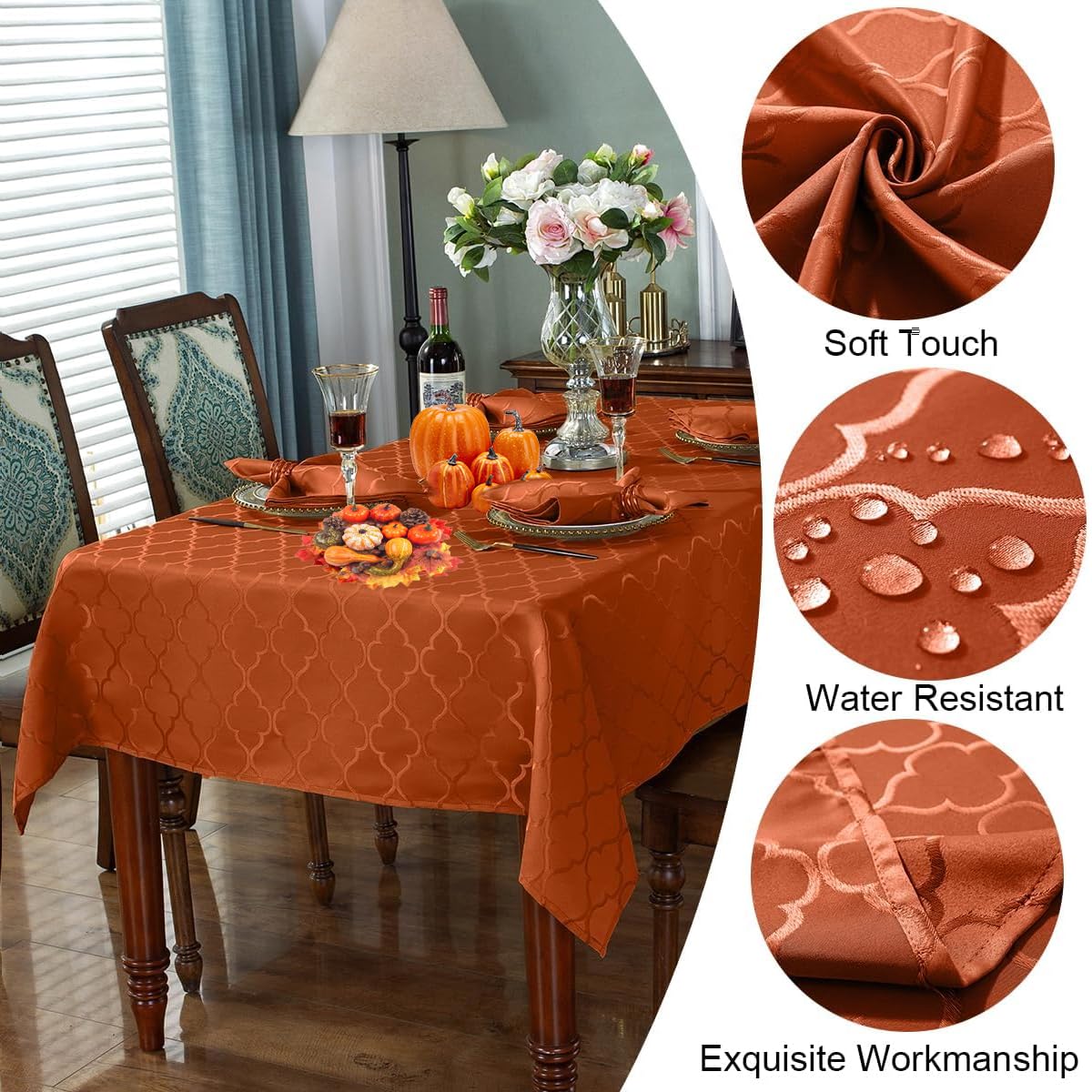 SASTYBALE Rust Jacquard Damask Tablecloth - 60x84 Inch Rectangle (Fits 6-8 Seats) - Fall Thanksgiving Decor - Water Resistant, Wrinkle-Free Polyester, Rustic Harvest Dining Cover for Parties