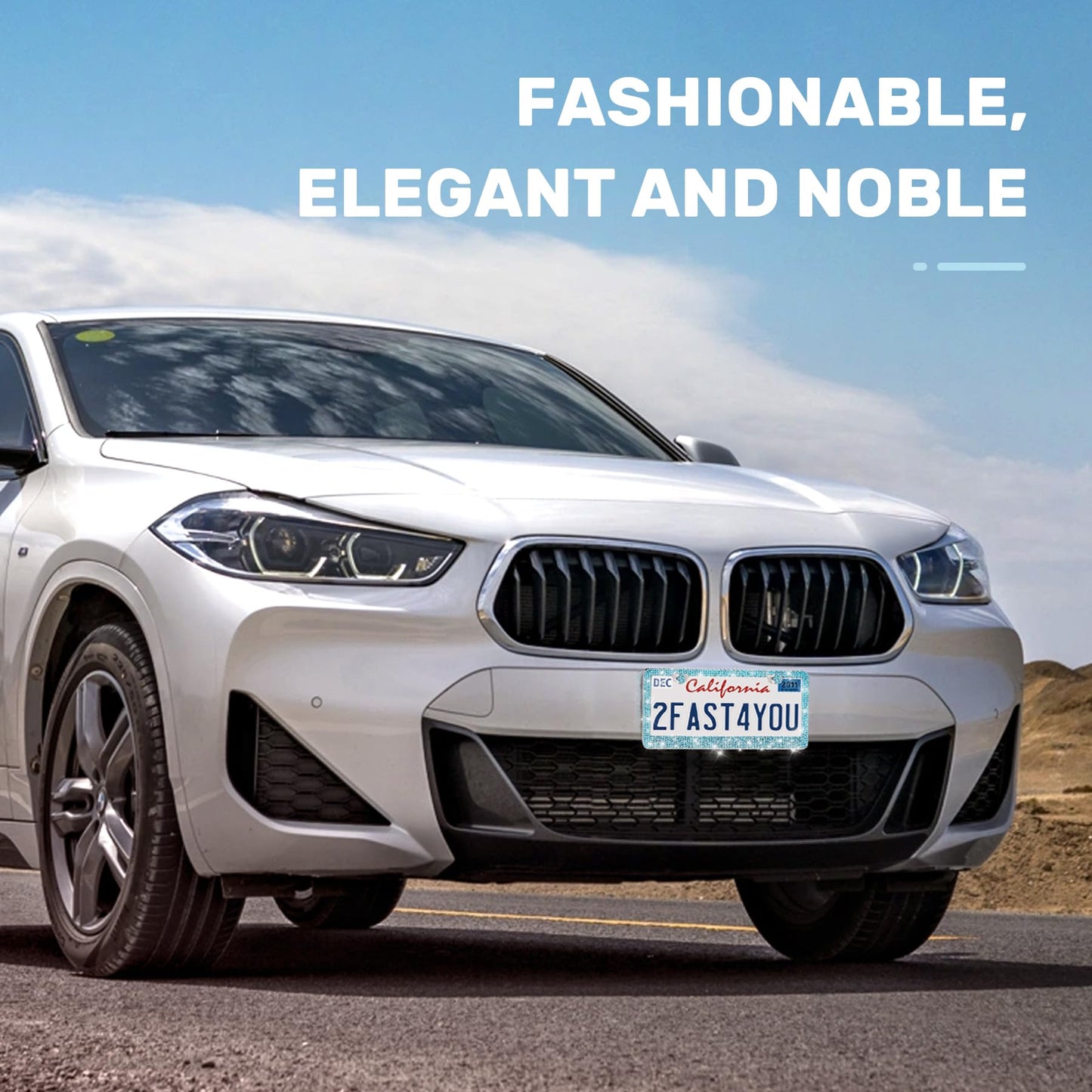 QUANQIUFEI 2 Pack Bling License Plate Frames, Sparkly Rhinestone Diamond Car License Plate Cover for Women, Stainless Steel Car Accessories with Glitter Crystal Caps (Aqua Bohemica)