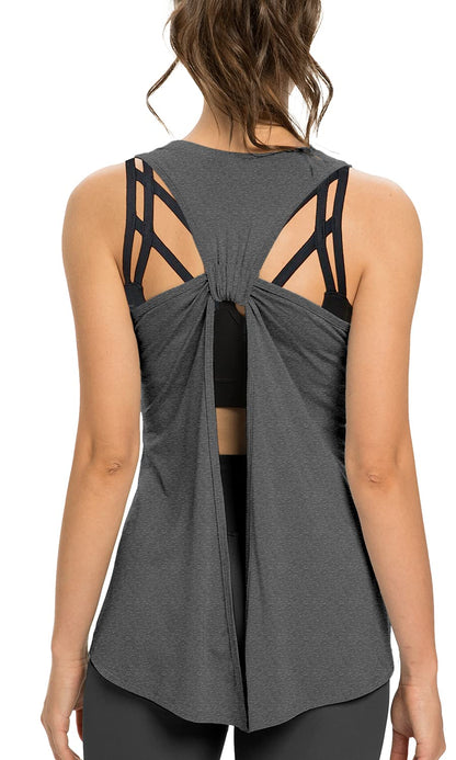 Sanutch Open Back Workout Tops for Women Athletic Running Shirts Tie Back Workout Tank Heather Gray XL