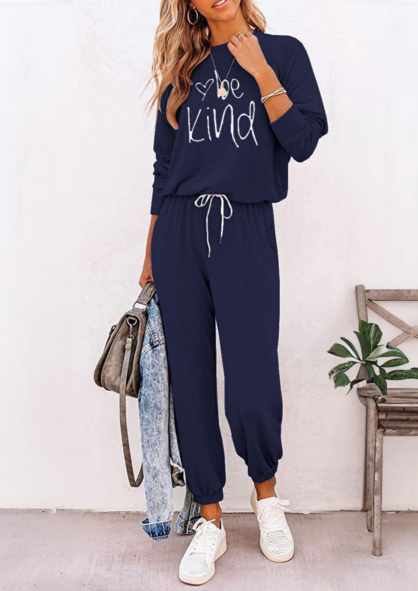 PRETTYGARDEN Women Fall 2 Piece Lounge Outfit Long Sleeve Tops High Waisted Jogger Pants Set Spring Travel Clothes Tracksuit (Patterned-navy,Medium)