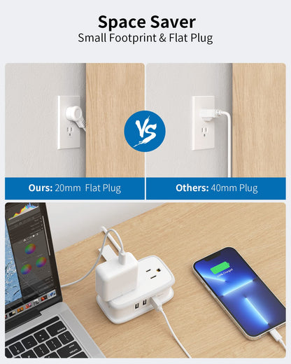 Travel Power Strip with USB 2 Pack, NTONPOWER 4 Outlets and 3 USB with 4Ft Short Extension Cord, Small Portable Desktop Charging Station for Cruise Ship, Home Office, White