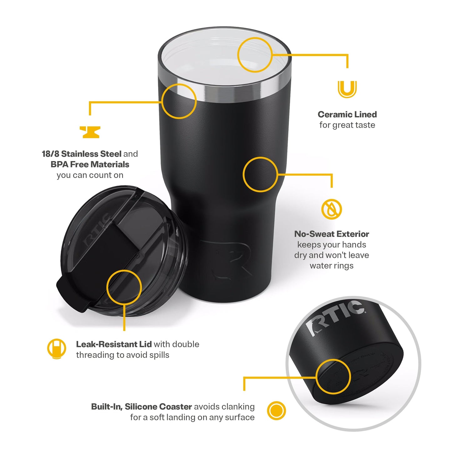 RTIC 20oz Essential Tumbler with Lid, Insulated, Stainless Steel, Metal, Double Wall Vacuum-Insulation, Ceramic Lined, Travel Cup for Iced Coffee, Tea, Hot and Cold Drink, Black