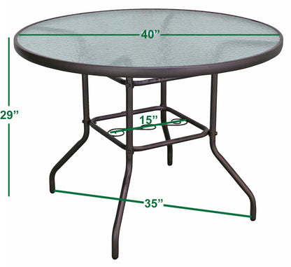 Garden Elements Outdoor Patio Furniture, Round Dining Table, Steel Base and Rim with Water-Wave Glass Top, Brown, 40"