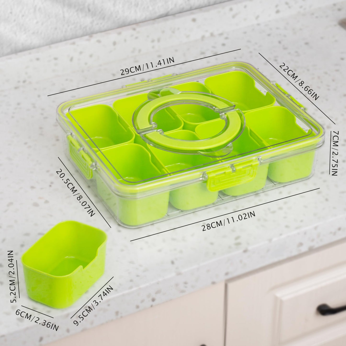 WACOI Divided Snack Serving Tray with Lid and Handle Travel Snackle Charcuterie Container Portable Storage Organizer for Candy, Fruits, Nuts, Snacks, Party, Picnic (1pack, Green)