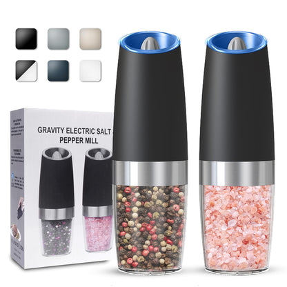 UNNEES Gravity Electric Salt and Pepper Grinder set of 2, Automatic Salt And Pepper Grinder Set, Adjustable Roughness, Battery Powered, LED Light, 2 Pack, (Black)