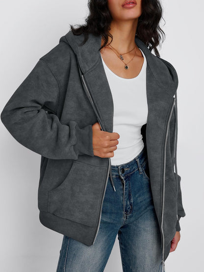 Trendy Queen Zip Up Hoodies for Women Acid Wash Oversized Sweatshirt Fall Fashion Jacket Cute Y2k Winter teen girls pullover Grey M